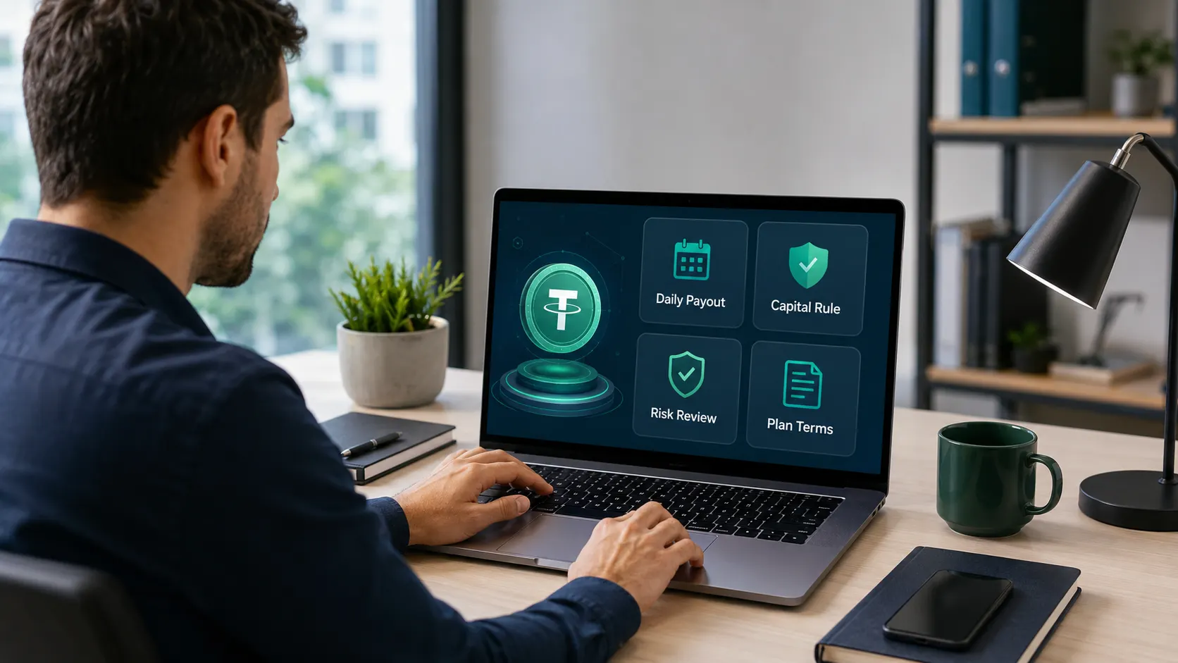Eine Person prüft Details eines USDT-Staking-Plans auf einem übersichtlichen Fintech-Dashboard