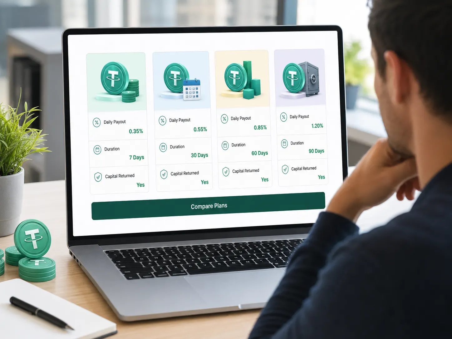 Karten für USDT-Staking-Pläne mit täglicher Auszahlung, Laufzeit und Kapitalregeln