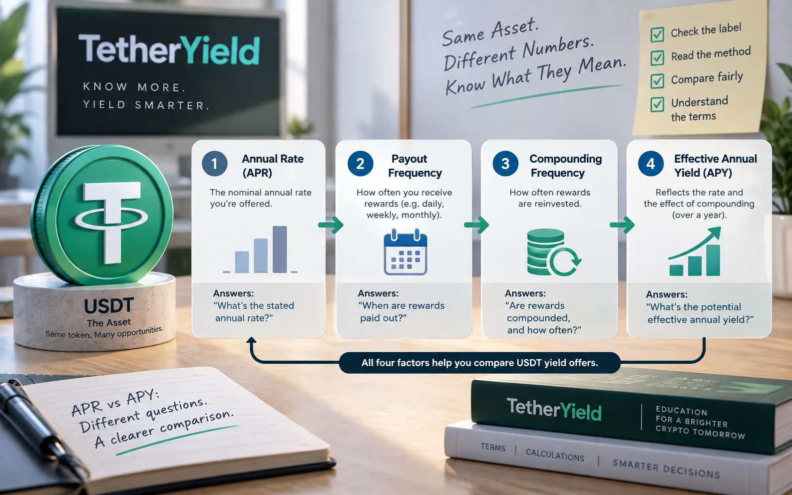 APR and APY comparison for USDT yield with rate, payout and compounding concepts