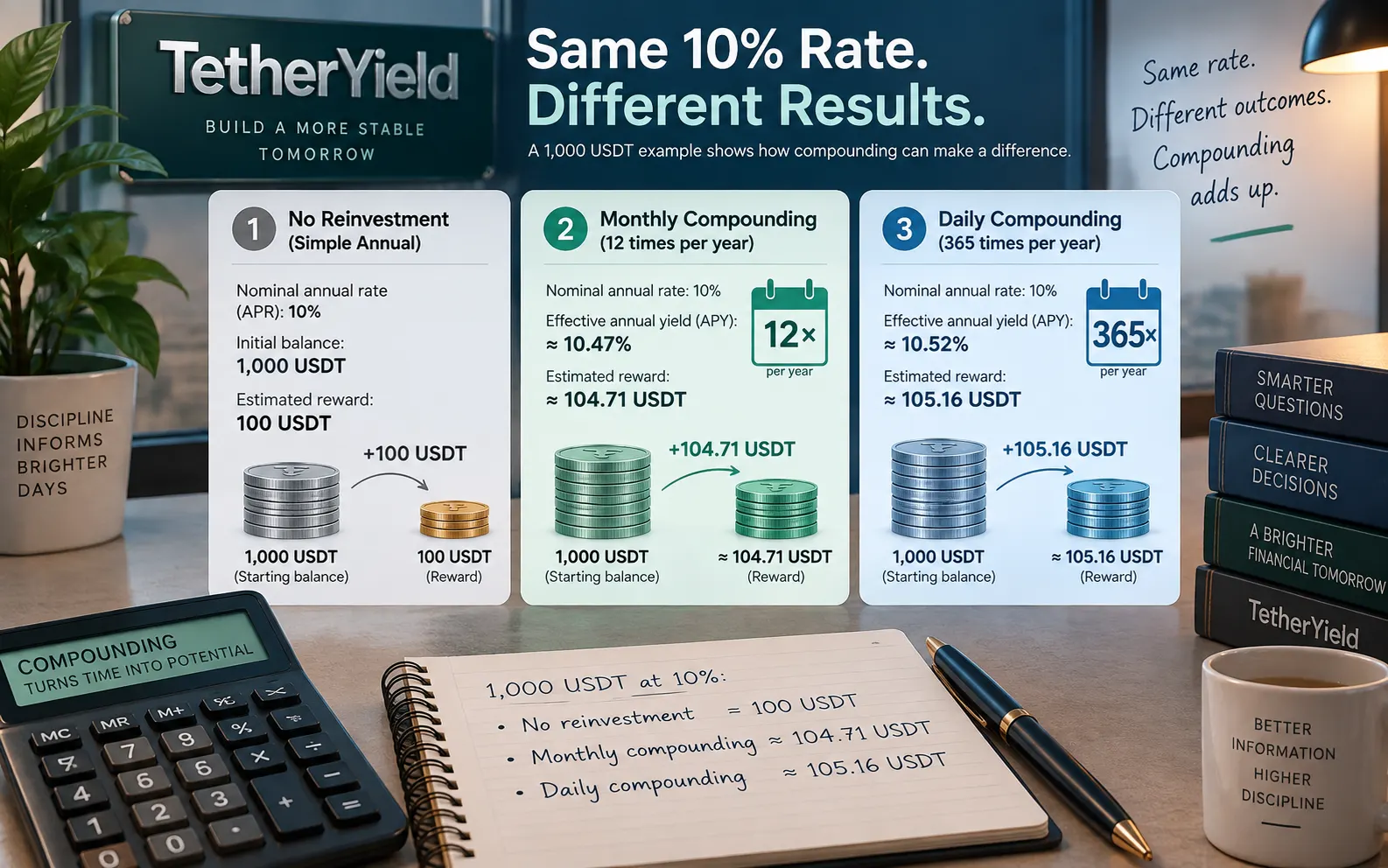 Worked example comparing simple, monthly compounded and daily compounded USDT reward estimates