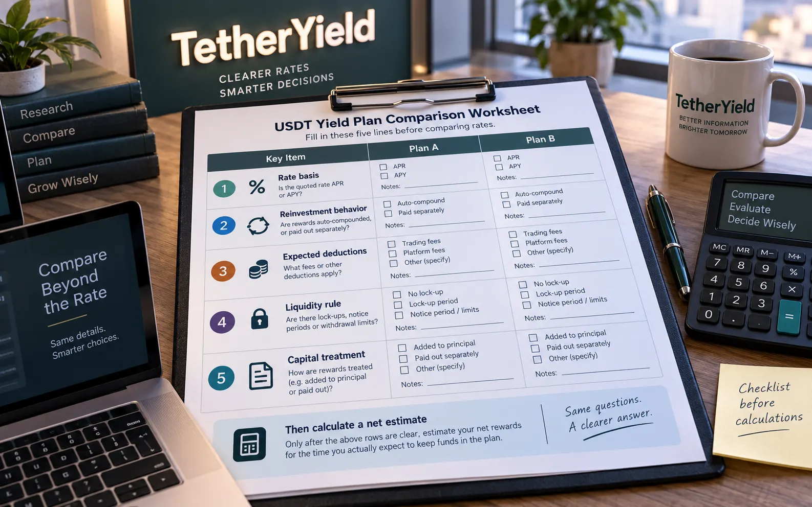 USDT yield comparison worksheet with rate basis, fees, liquidity, capital rules and net estimate