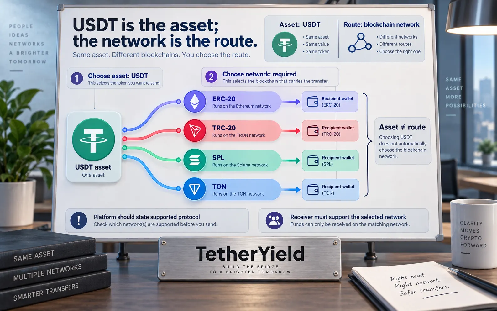 USDT varlığını transferin yapıldığı blokzincir ağından ayıran diyagram