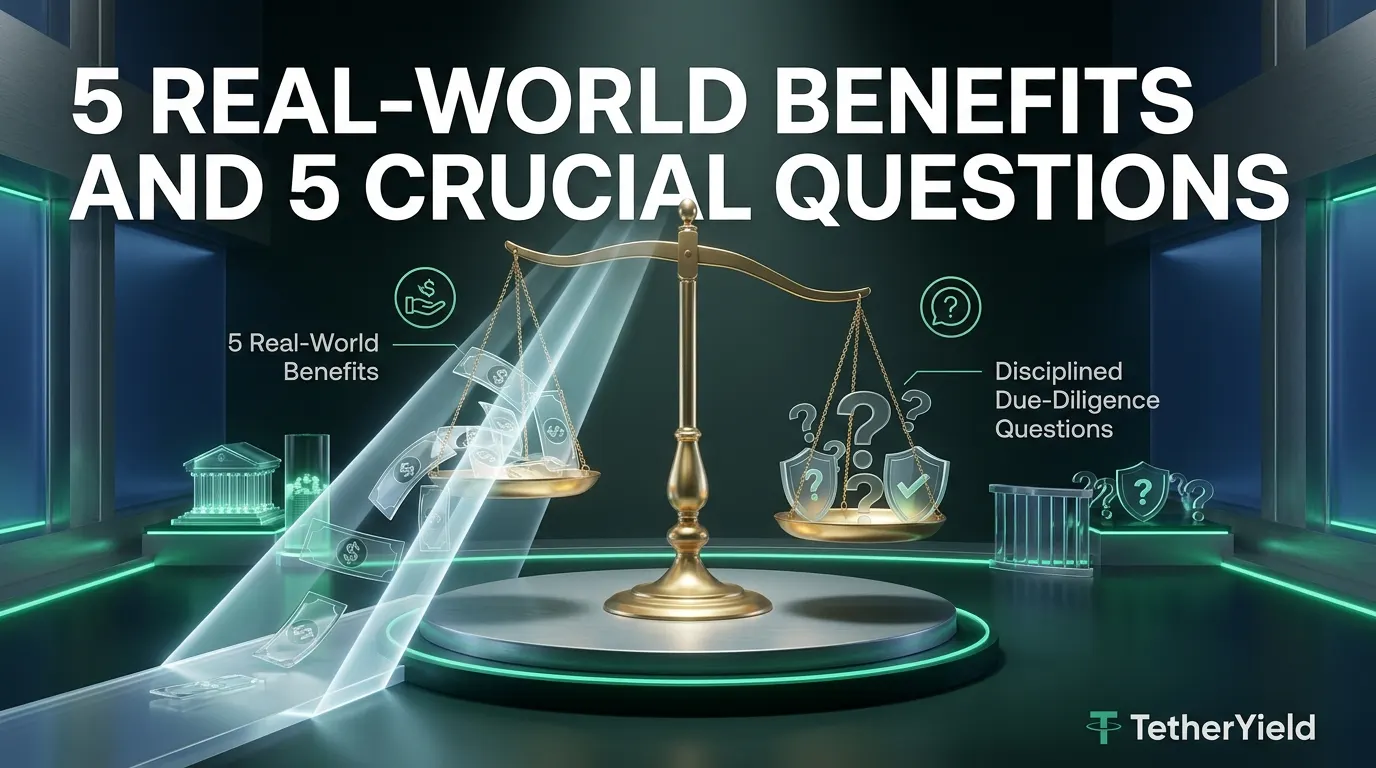 Kuil keuangan arsitektural 3D elegan dengan timbangan emas yang menimbang manfaat nyata USDT terhadap pertanyaan uji tuntas yang disiplin