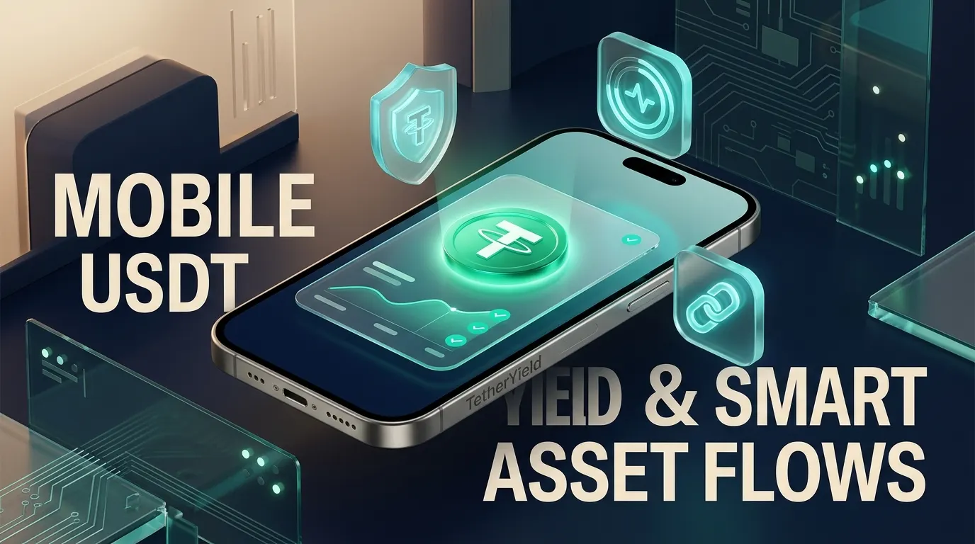 Antarmuka aplikasi TetherYield di ponsel menampilkan saldo USDT, kurva imbal hasil, dan verifikasi keamanan biometrik