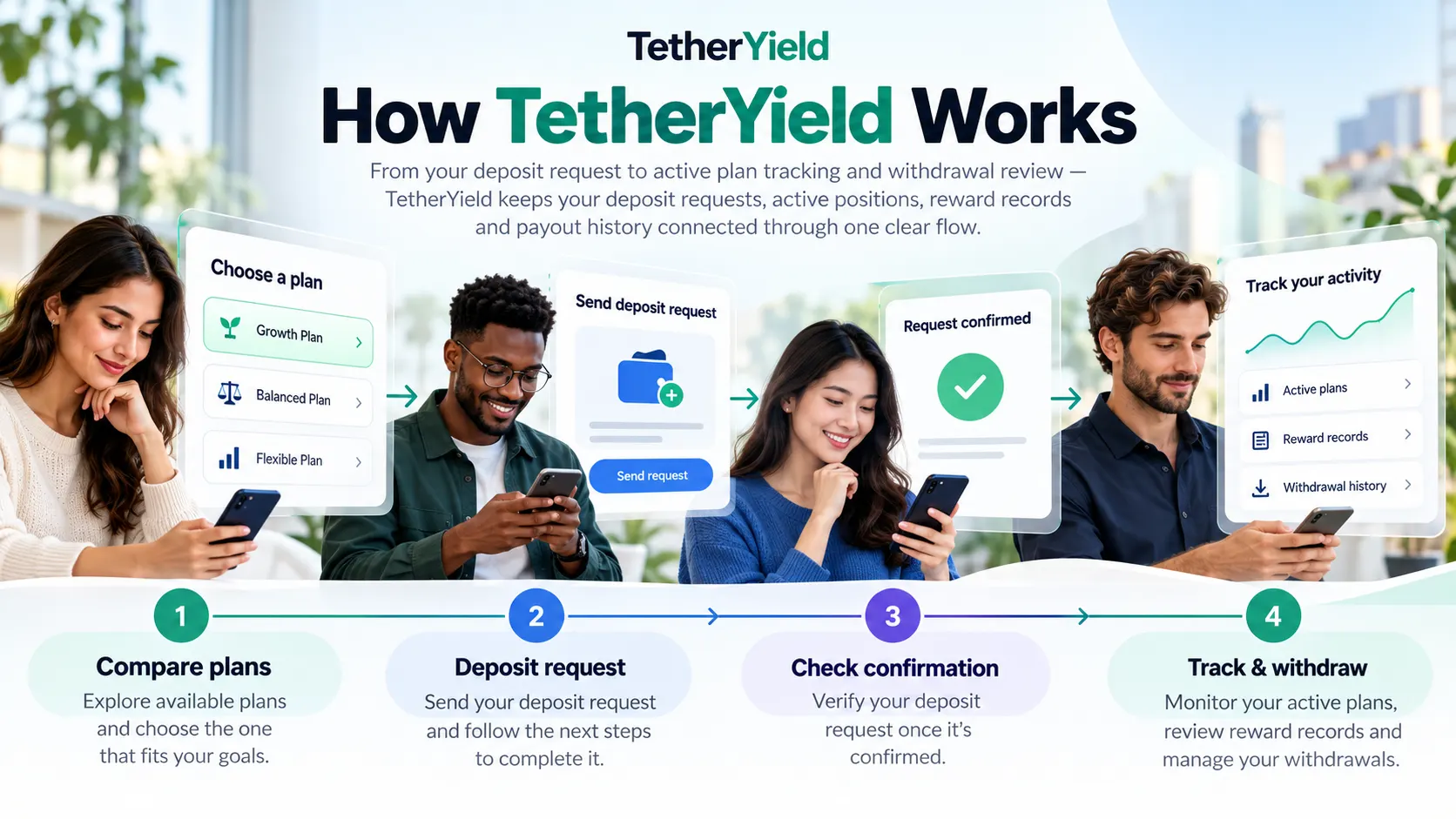 Etapas para conhecer as condições, solicitar um depósito e acompanhar plano e saque na TetherYield.