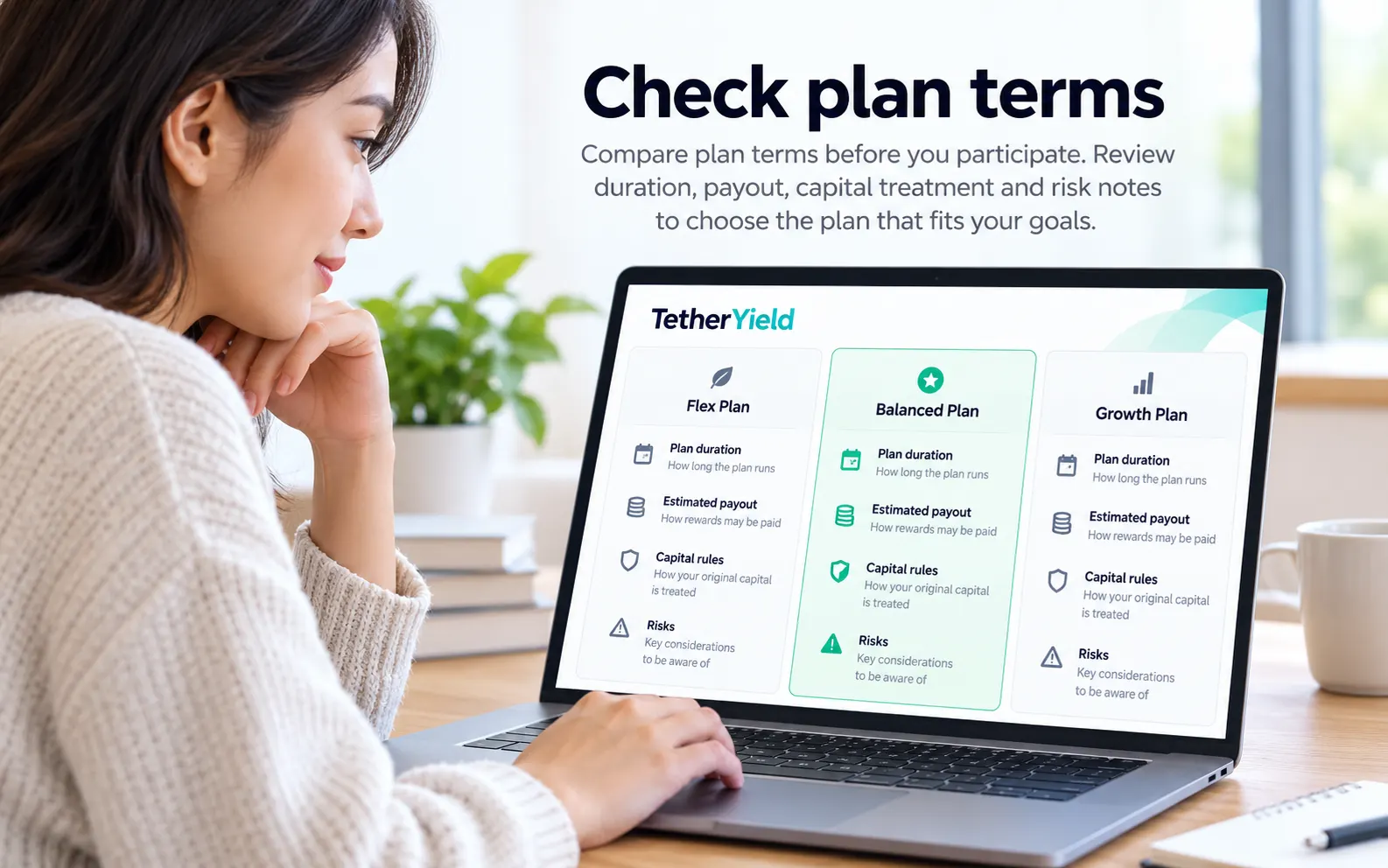 Pessoa conferindo prazo, rendimento estimado e regras de saque de um plano em USDT.