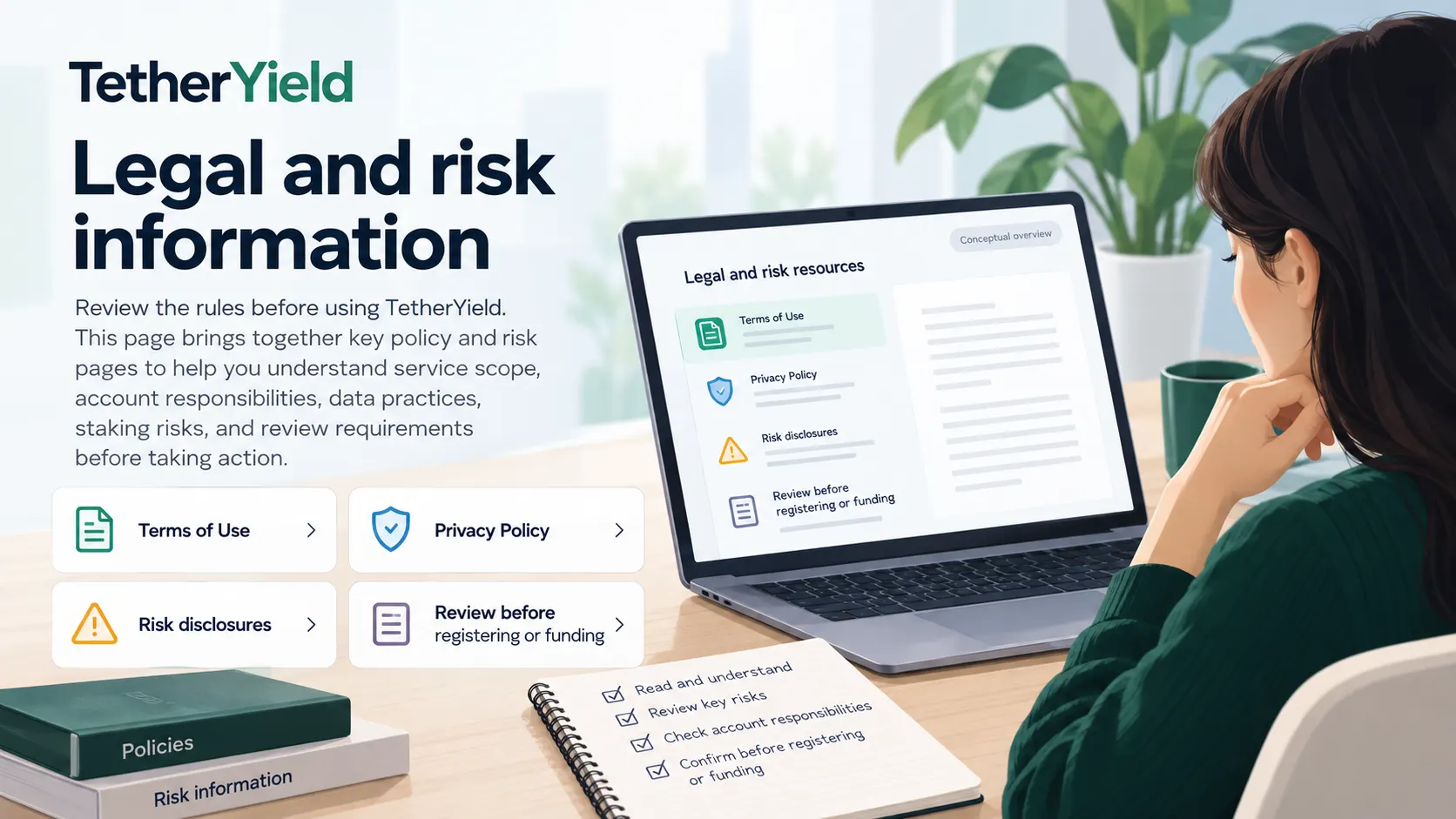 A user reviewing legal and risk information on a clean fintech dashboard