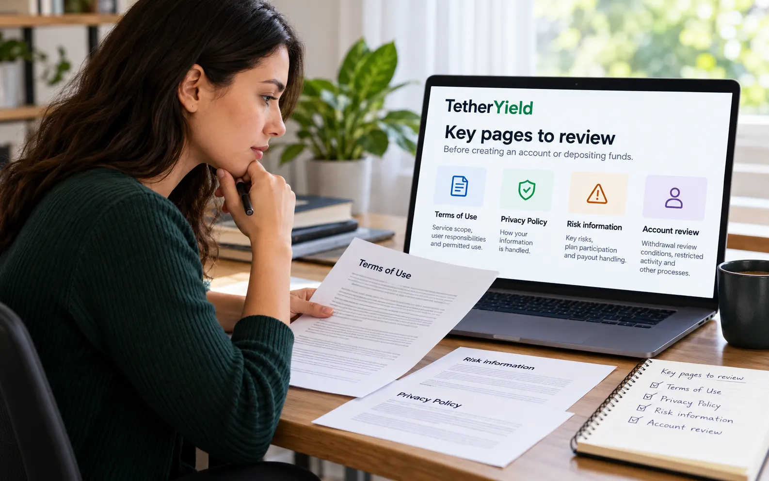 A person checking risk and withdrawal review notes before using a staking plan