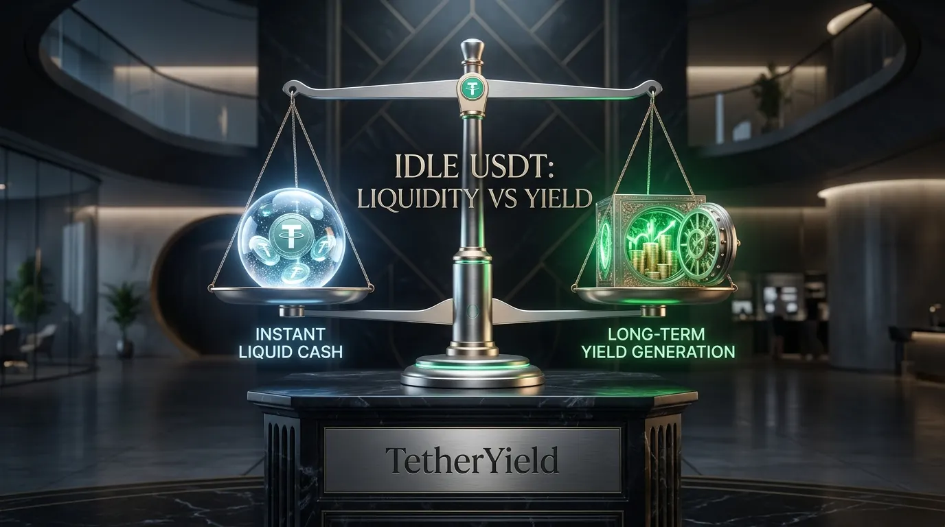 A balanced 3D financial scale weighing pure liquid USDT cash against a glowing long-term yield generation vault