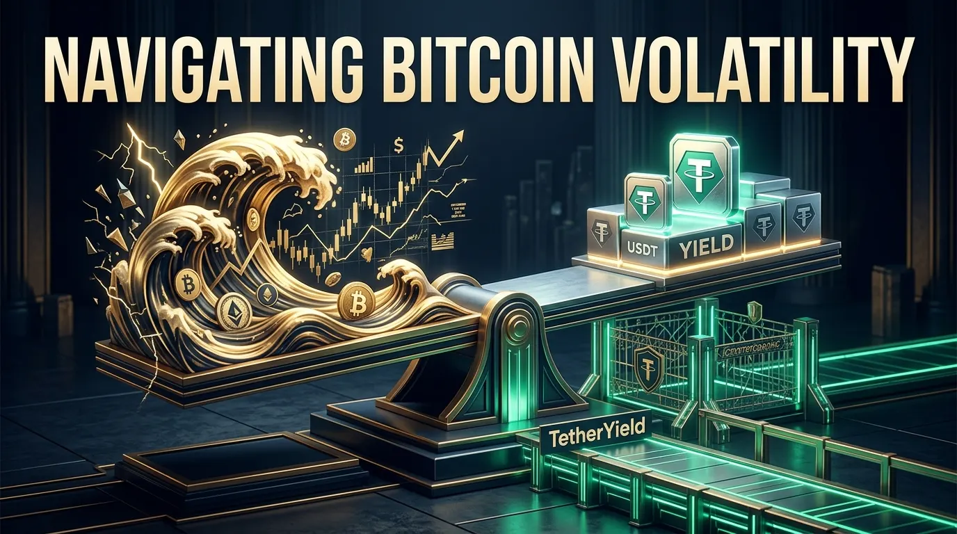Patung keseimbangan arsitektur 3D yang memadukan gelombang badai volatilitas Bitcoin dengan landasan imbal hasil USDT titanium yang kokoh dan aman