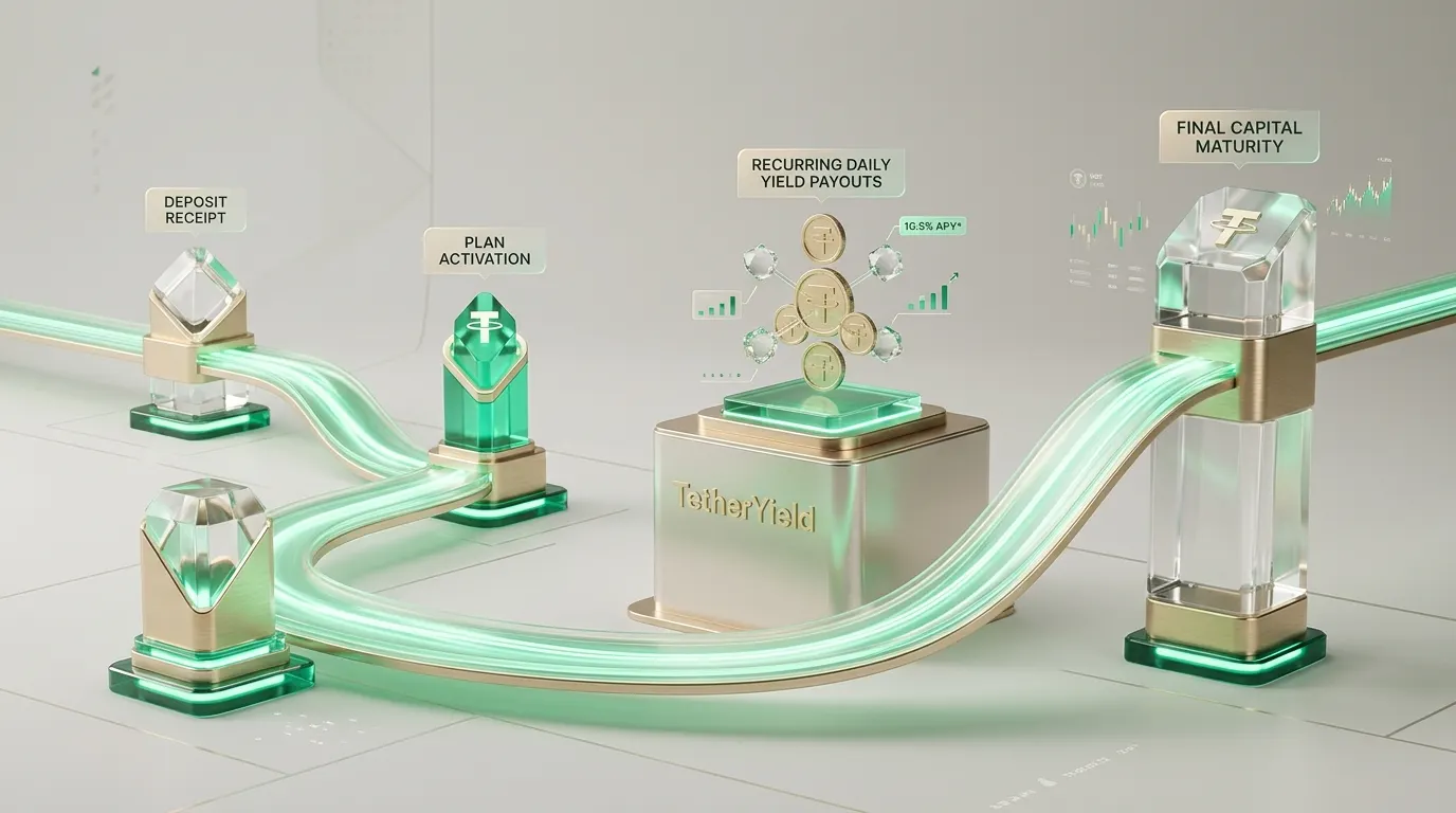 Visual four-stage timeline of a USDT position lifecycle from initial capital deposit to final principal return and withdrawal