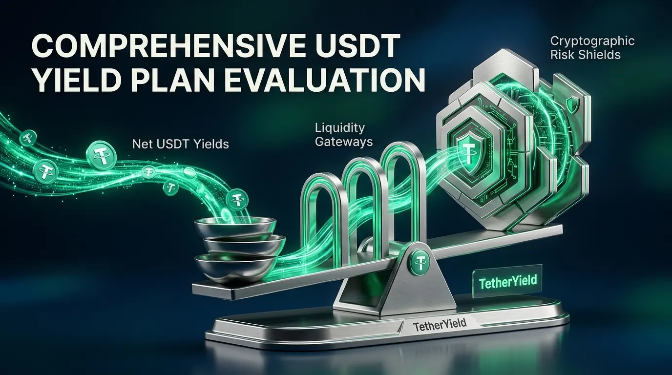 Patung keseimbangan keuangan 3D yang menimbang imbal hasil bersih USDT terhadap akses likuiditas dan pertahanan risiko berlapis